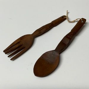 CARVED Wooden Decorative Fork and Spoon Tiki Decor Small Size